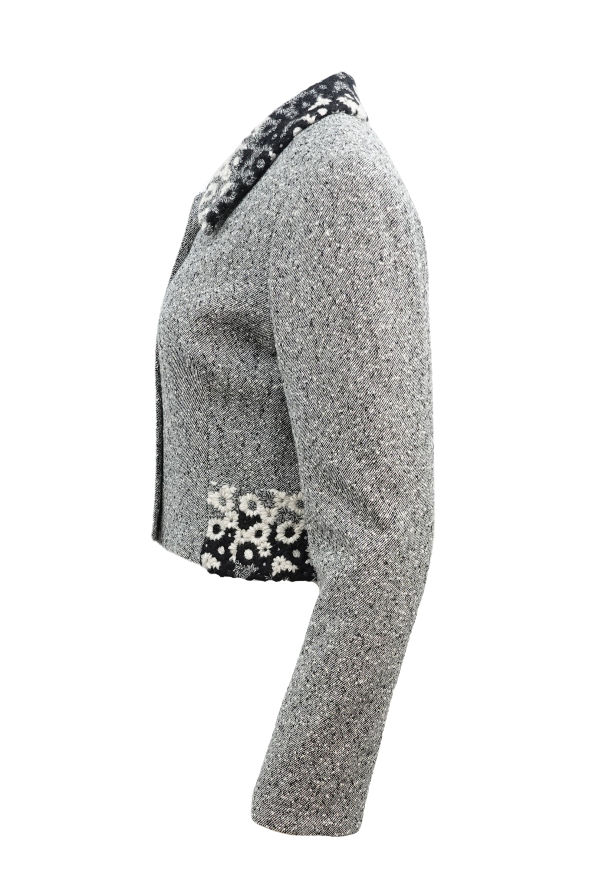 Kenzo Paris gray tweed cropped blazer, floral trim collar detail — Disco Palma
