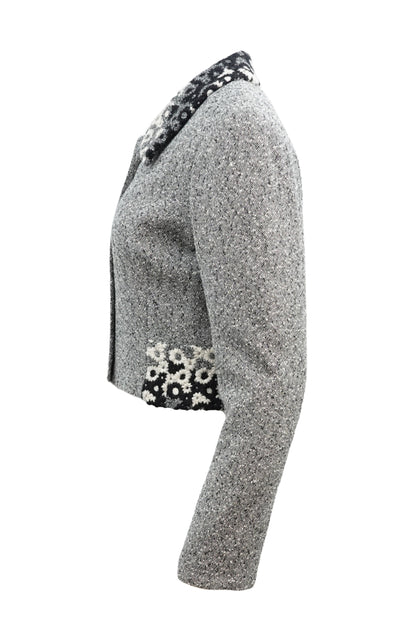 Kenzo Paris gray tweed cropped blazer, floral trim collar detail — Disco Palma