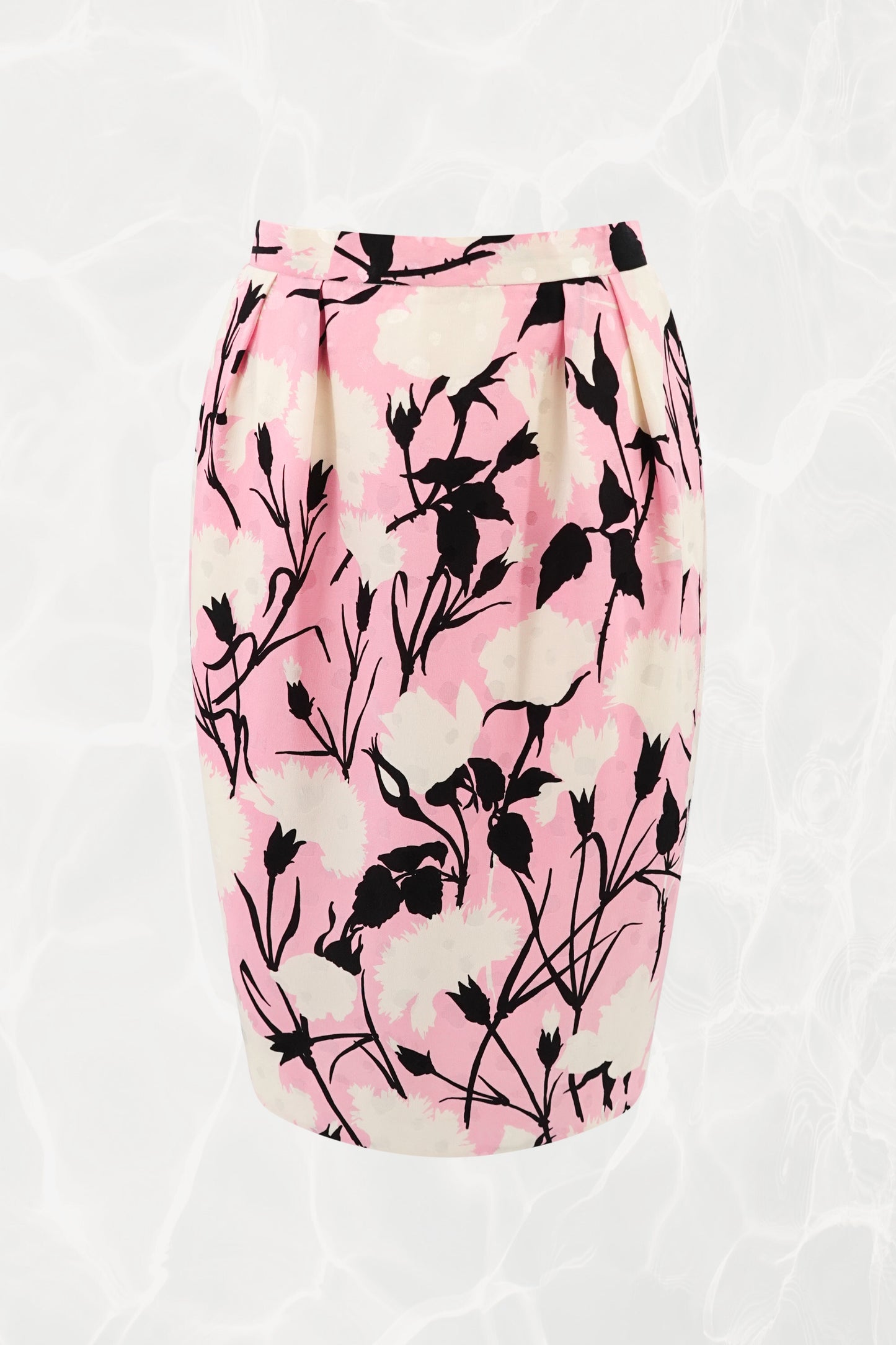 John Galliano for Dior silk floral pencil skirt, front view showing tulip silhouette — Disco Palma