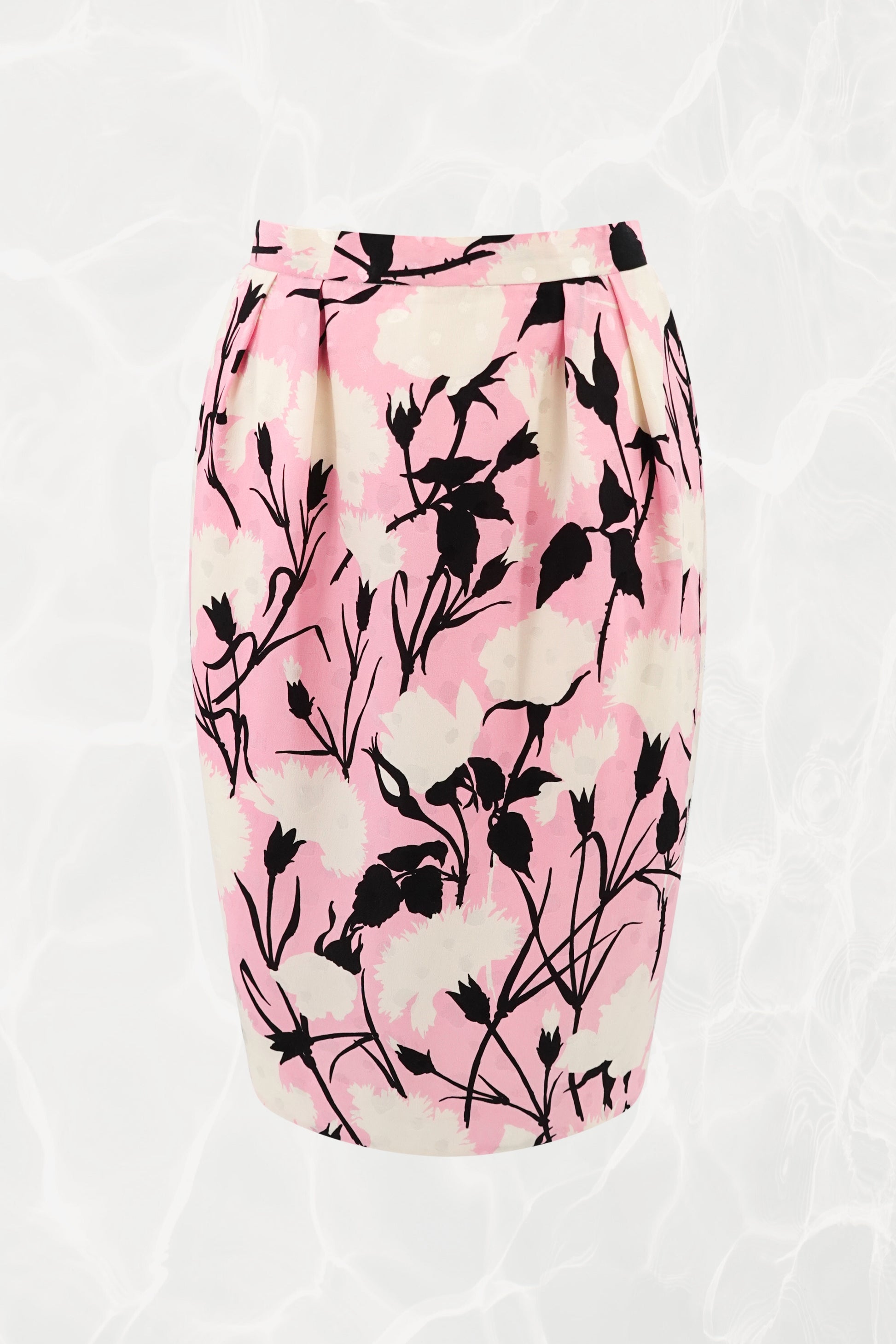 John Galliano for Dior silk floral pencil skirt, front view showing tulip silhouette — Disco Palma