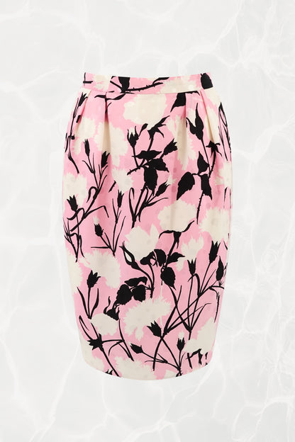 John Galliano for Dior silk floral pencil skirt, front view showing tulip silhouette — Disco Palma