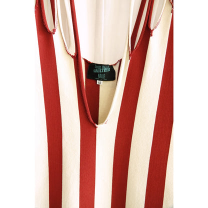 1990s Maille Red and Cream Stripe Multi-Strap Bodycon Knit Midi Dress