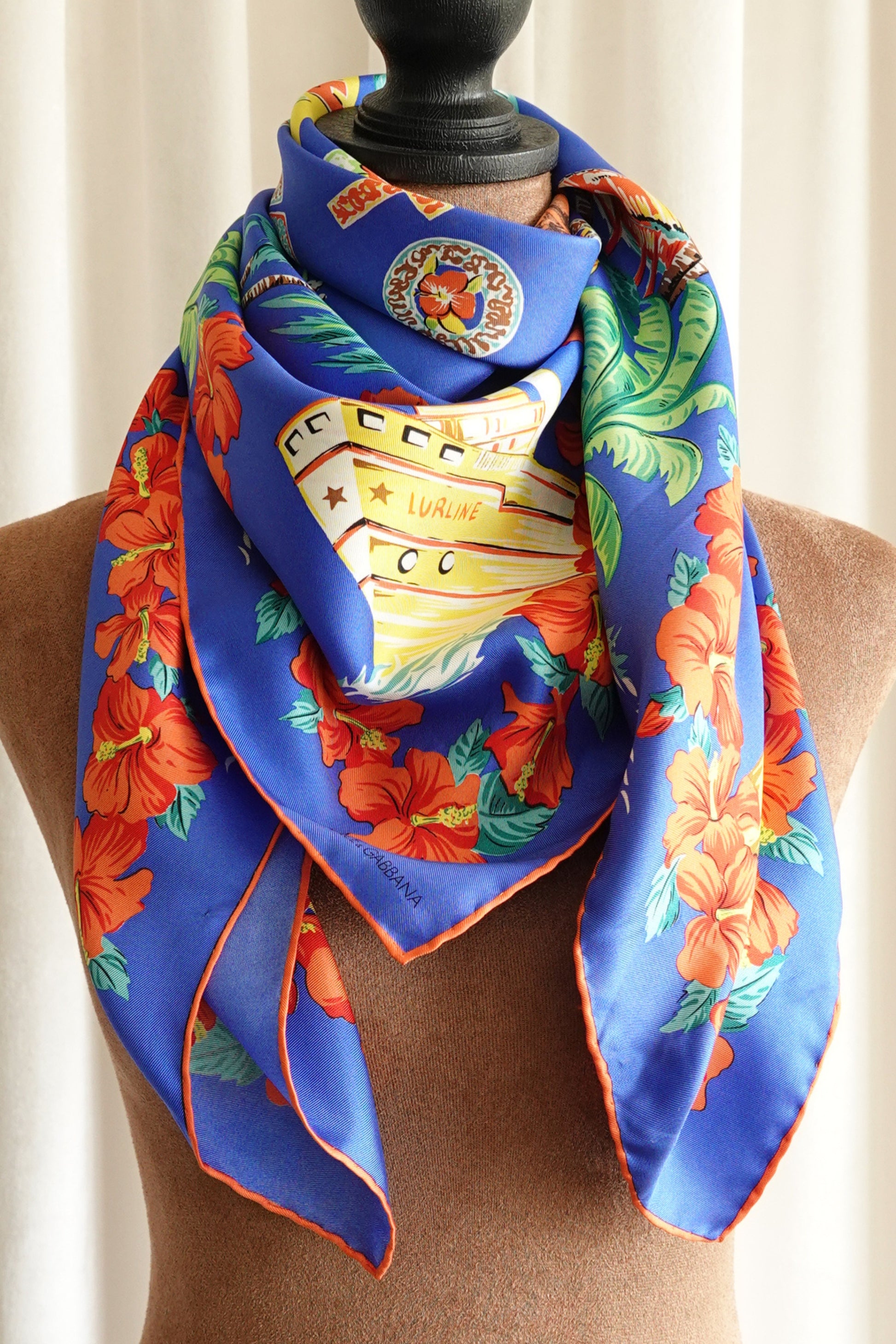 “Welcome to Hawaii” Hula Post Card Novelty Print Silk Scarf, Circa 1990s