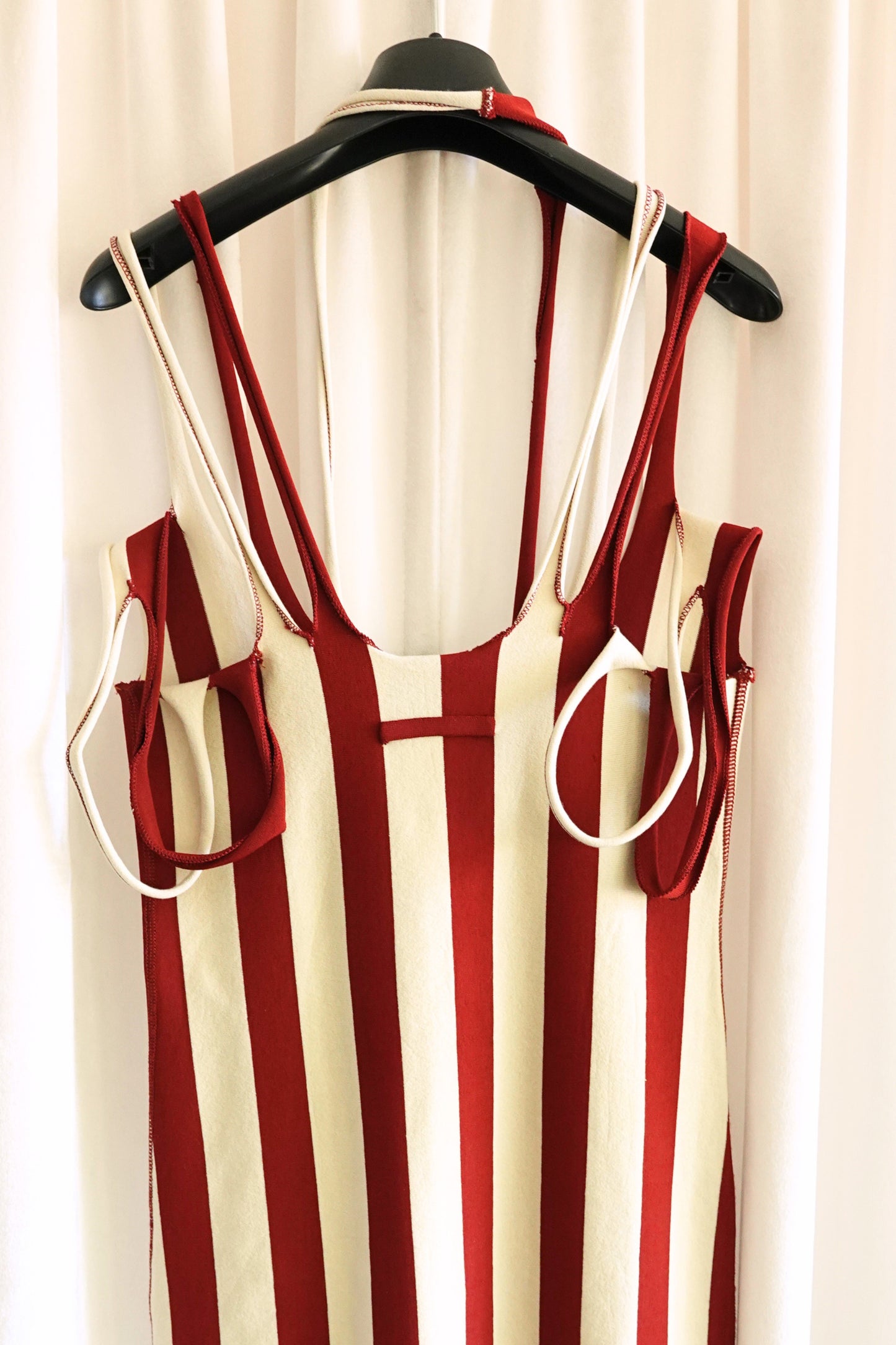 Jean Paul Gaultier Maille 1990s red and cream stripe multi-strap neckline detail, back on hanger — Disco Palma