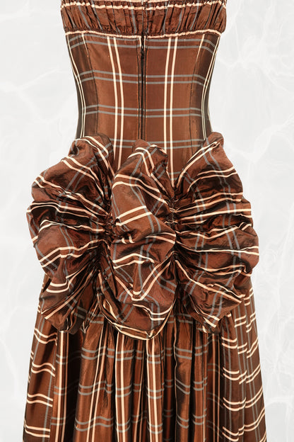 Vintage 1940s Brown Plaid Taffeta Drop-Waist Party Gown