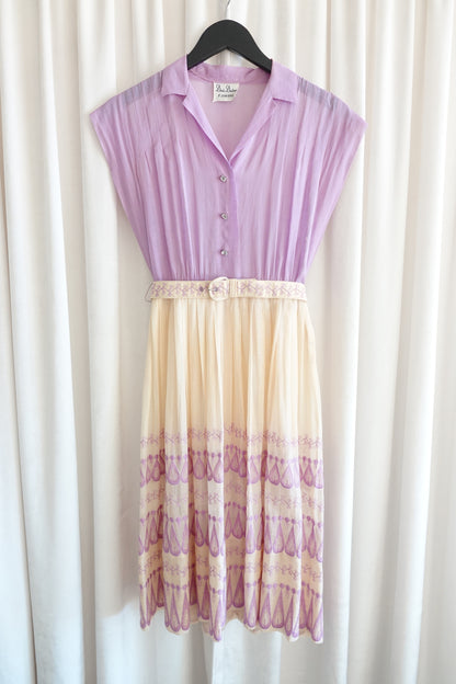 Doris Dodson 1940s lavender embroidered border dress, embroidered hem border — Disco Palma