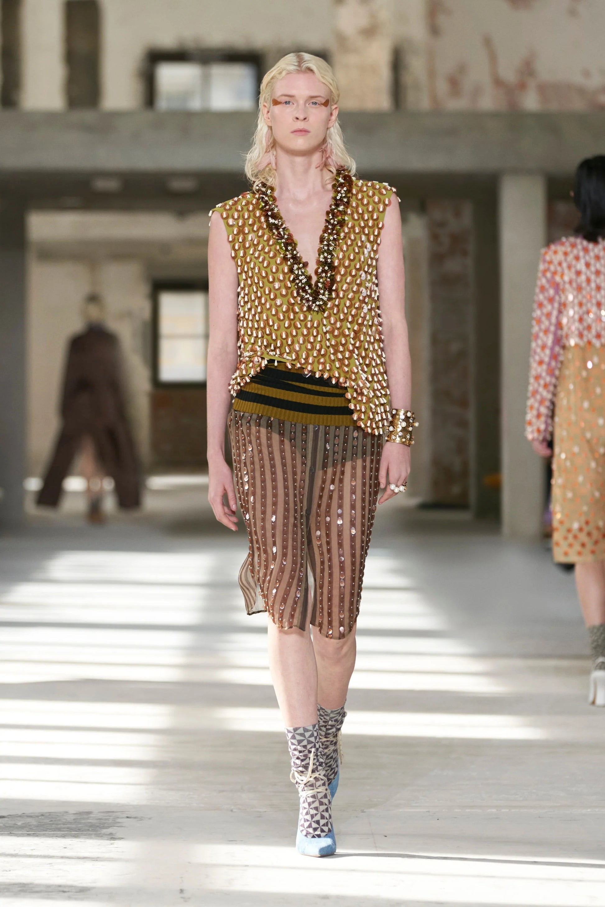 SS24 Silk Chiffon Sequin Stripe Button-Front Drawstring Skirt