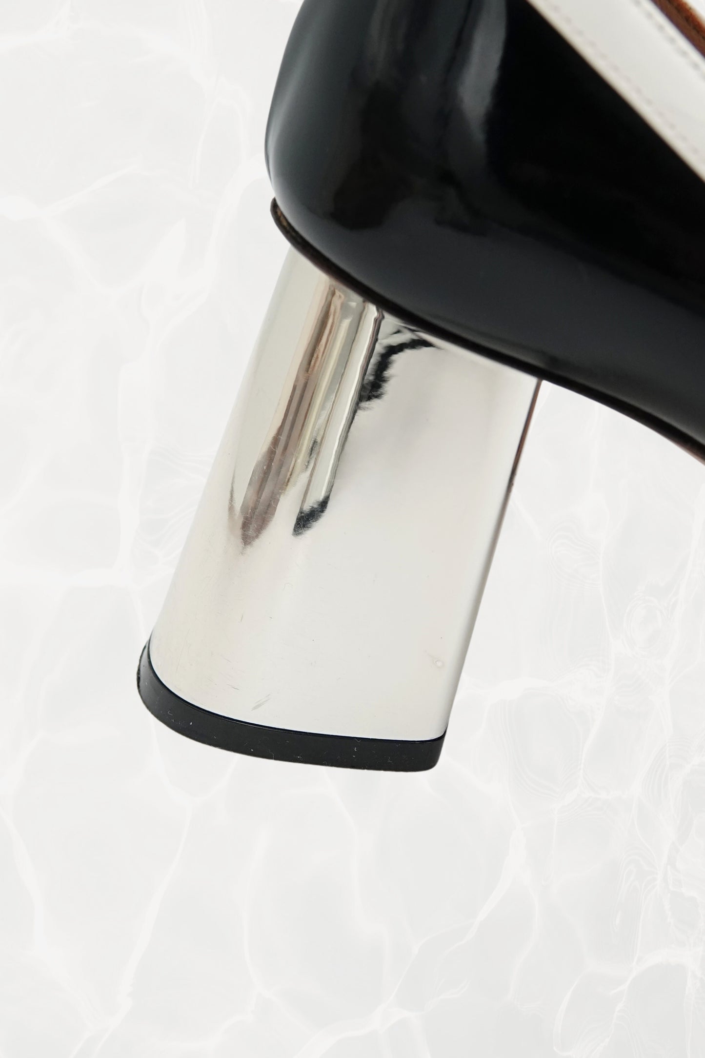 Black and White Stripe Patent Leather Pump, Chrome Block Heel