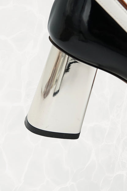 Black and White Stripe Patent Leather Pump, Chrome Block Heel