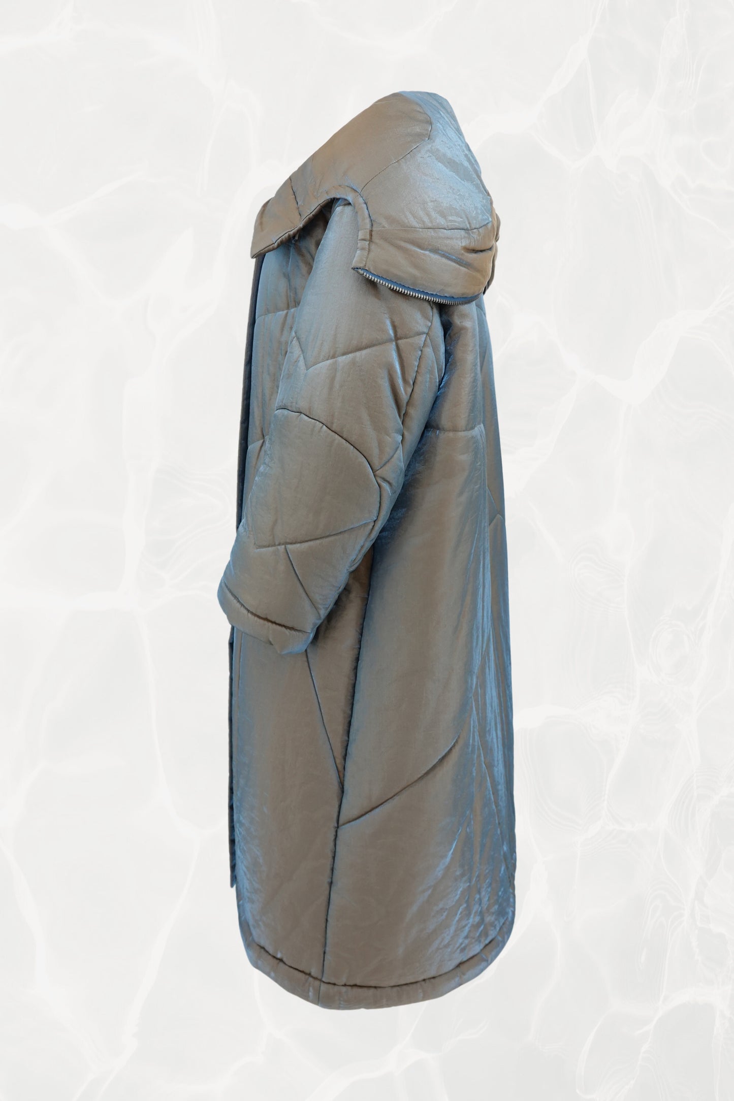 Fall 1993 Runway Iridescent Quilted Cocoon Coat with Hood