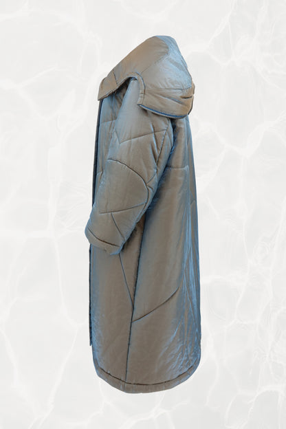 Fall 1993 Runway Iridescent Quilted Cocoon Coat with Hood