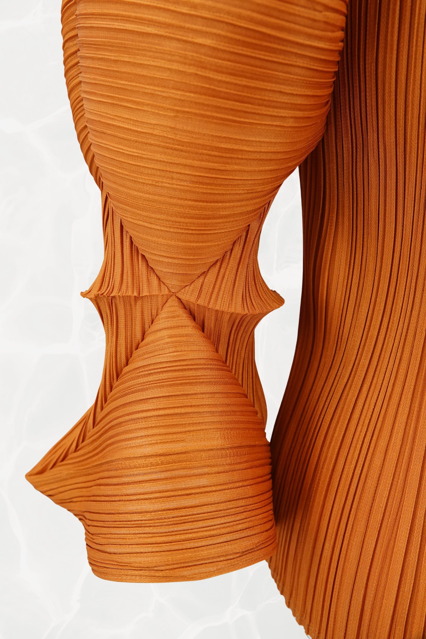 Issey Miyake Pleats Please marigold top, pleating texture detail — Disco Palma