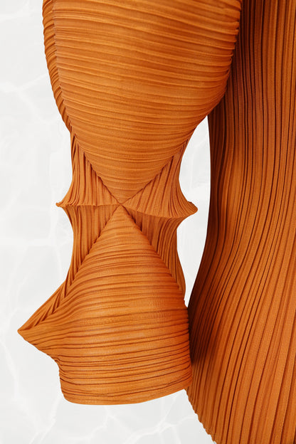 Issey Miyake Pleats Please marigold top, pleating texture detail — Disco Palma