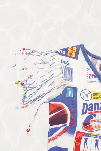D&G SS02 Danza 3000 fringe top detail: multicolour bead-tipped fringe shoulder, D&G label, Danza 3000 advertising print in blue and red on stretch jersey