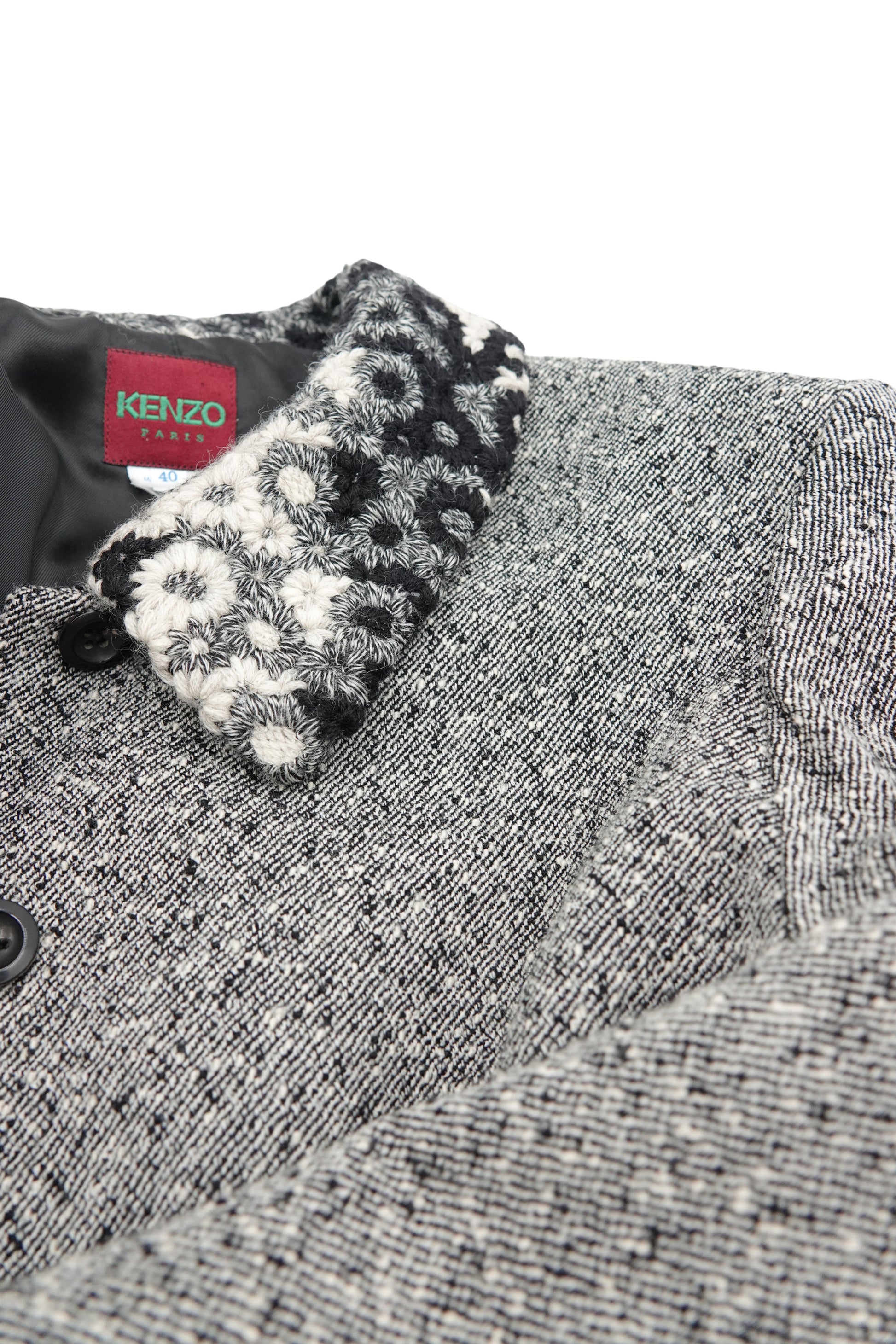 Kenzo Paris gray tweed cropped blazer, hip floral trim detail — Disco Palma