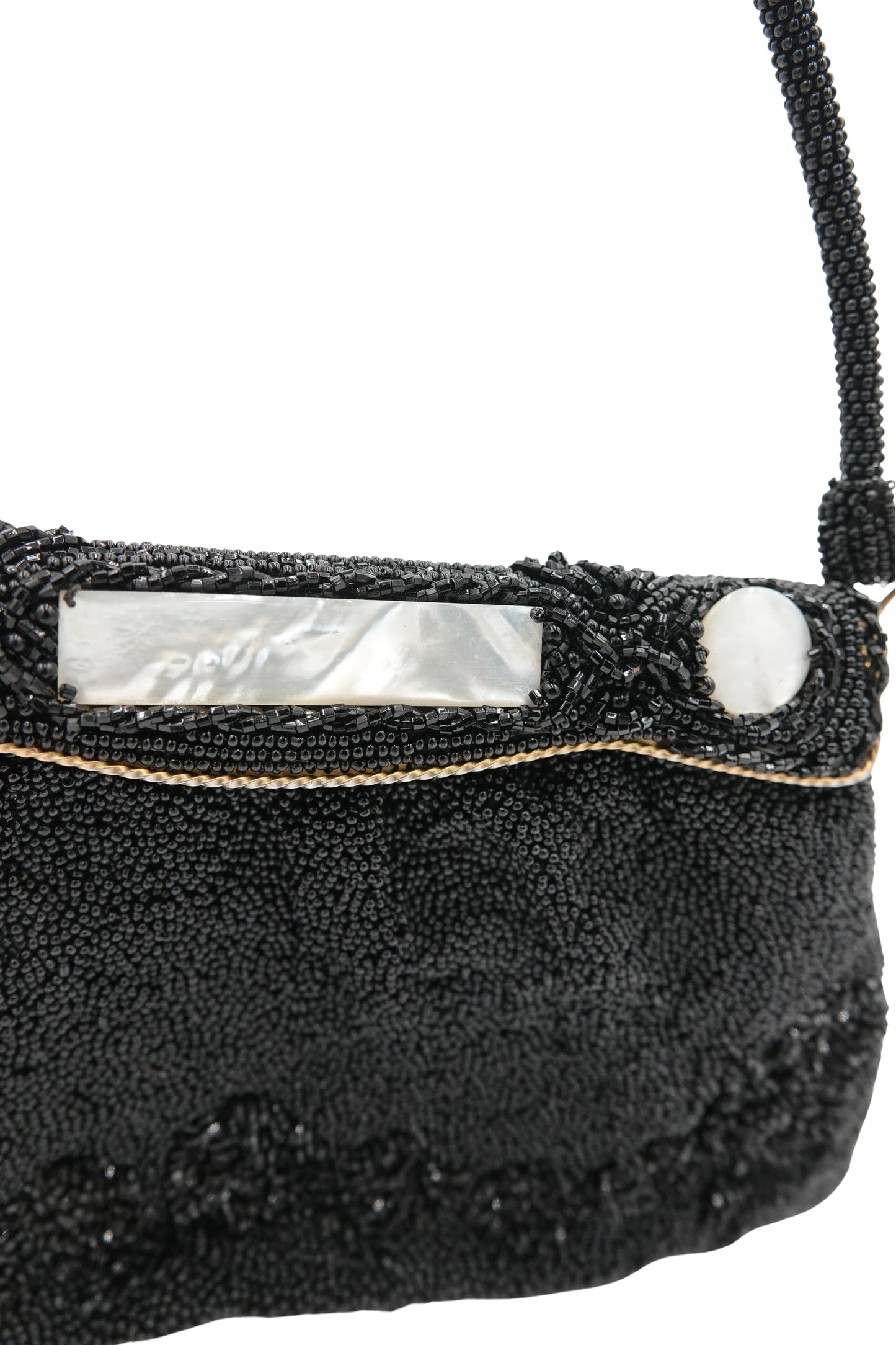 Vintage 1950s Black Seed Bead Evening Bag, Mother-of-Pearl Frame