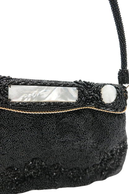 Vintage 1950s Black Seed Bead Evening Bag, Mother-of-Pearl Frame