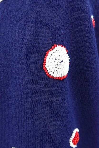 Schiaparelli vintage navy cardigan, scattered bead polka dot motif — Disco Palma