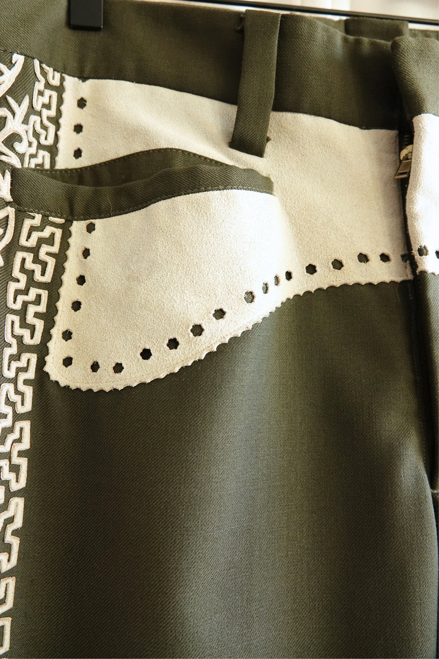 Vintage 1970s Olive Embroidered Flare Trousers with Suede Appliqué