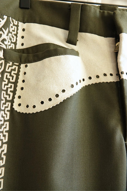 Vintage 1970s Olive Embroidered Flare Trousers with Suede Appliqué