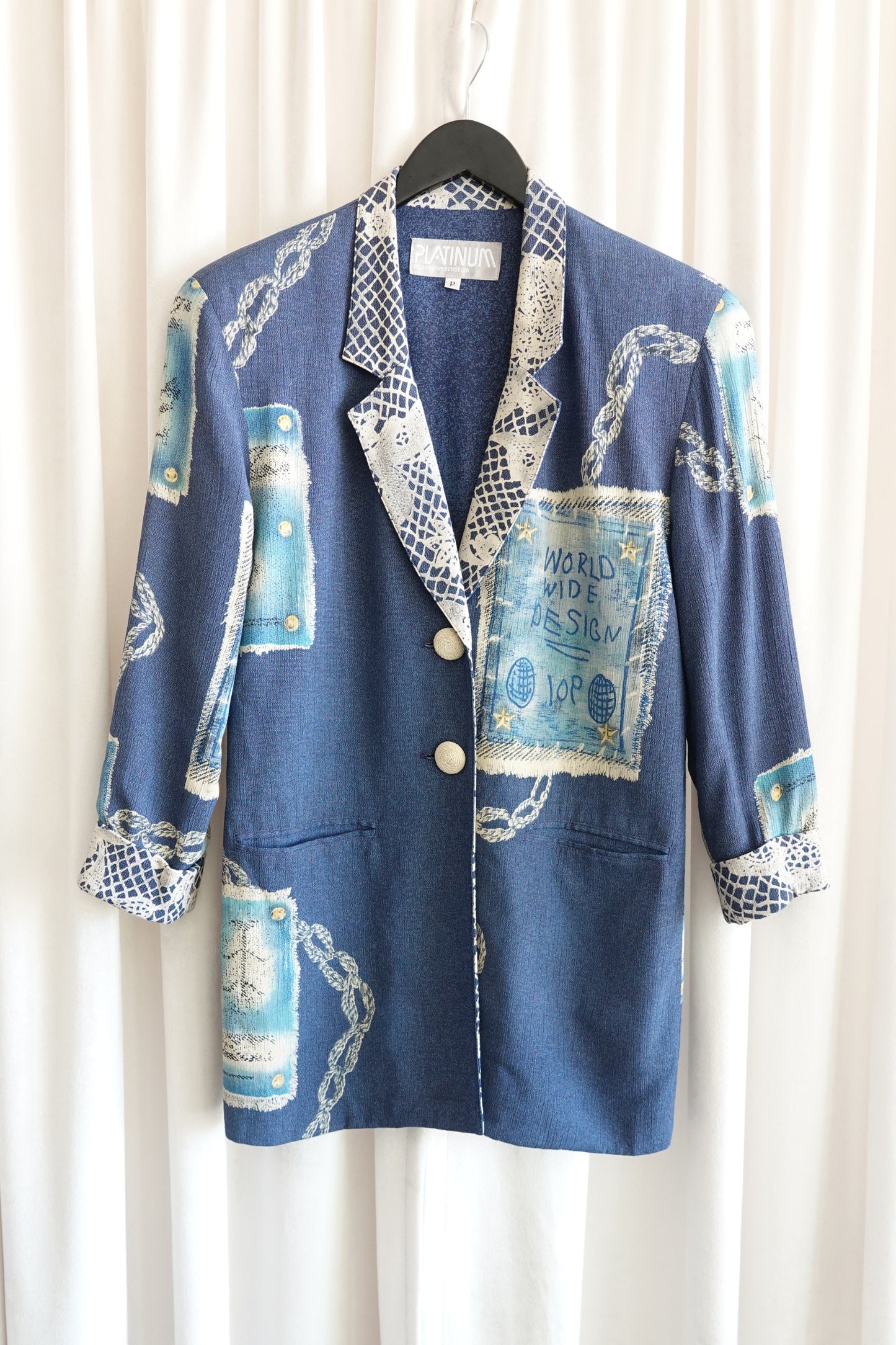 Vintage Late 1980s "World Wide Design" Novelty Print Crepe Blazer