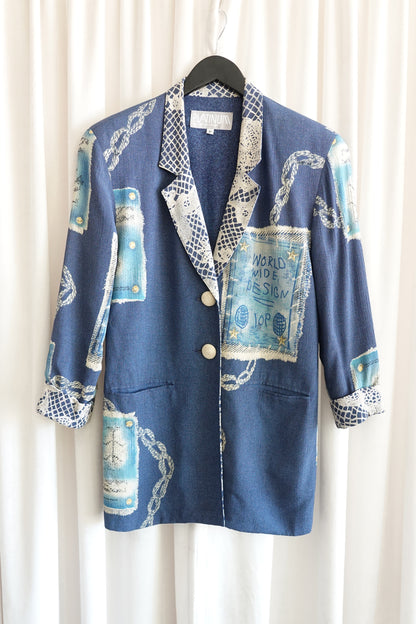Vintage Late 1980s "World Wide Design" Novelty Print Crepe Blazer