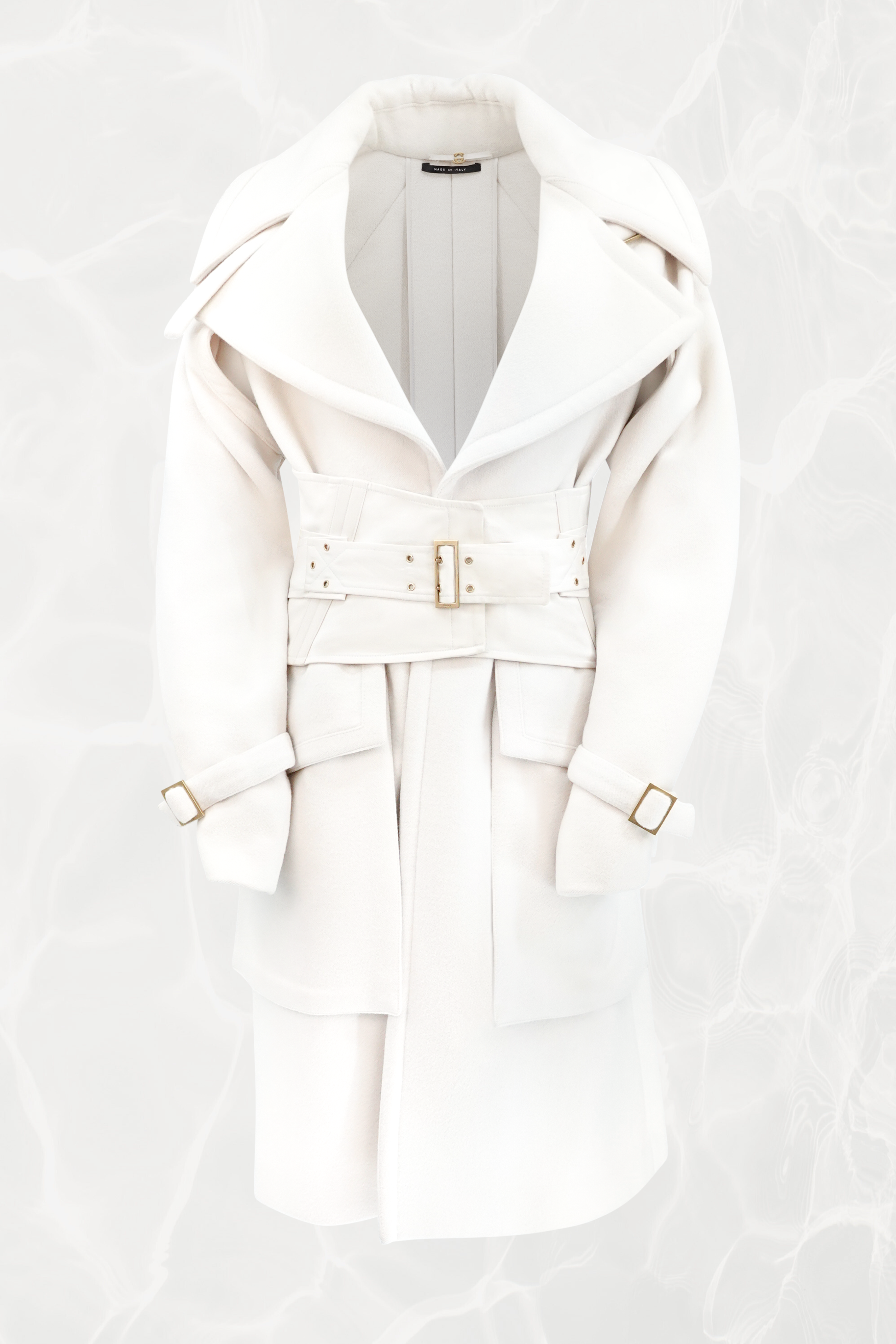 Tom Ford for Gucci AW03 white wool angora corset coat flat lay: oversized collar, structured patch pockets, detachable corset belt with gold-tone hardware, Fall Winter 2003