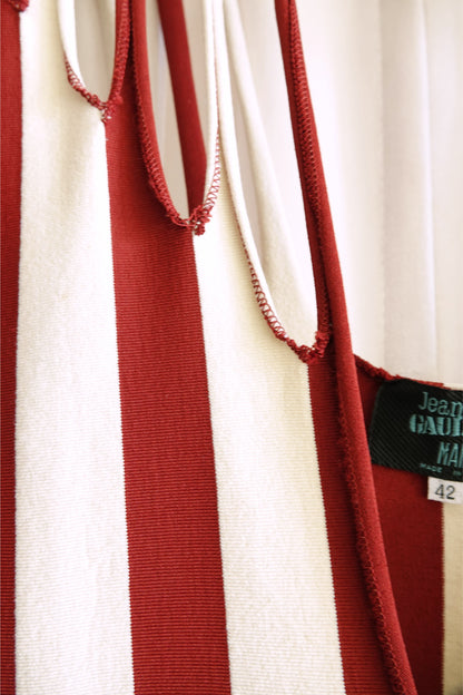 Jean Paul Gaultier Maille 1990s red and cream stripe dress, strap and fabric detail — Disco Palma