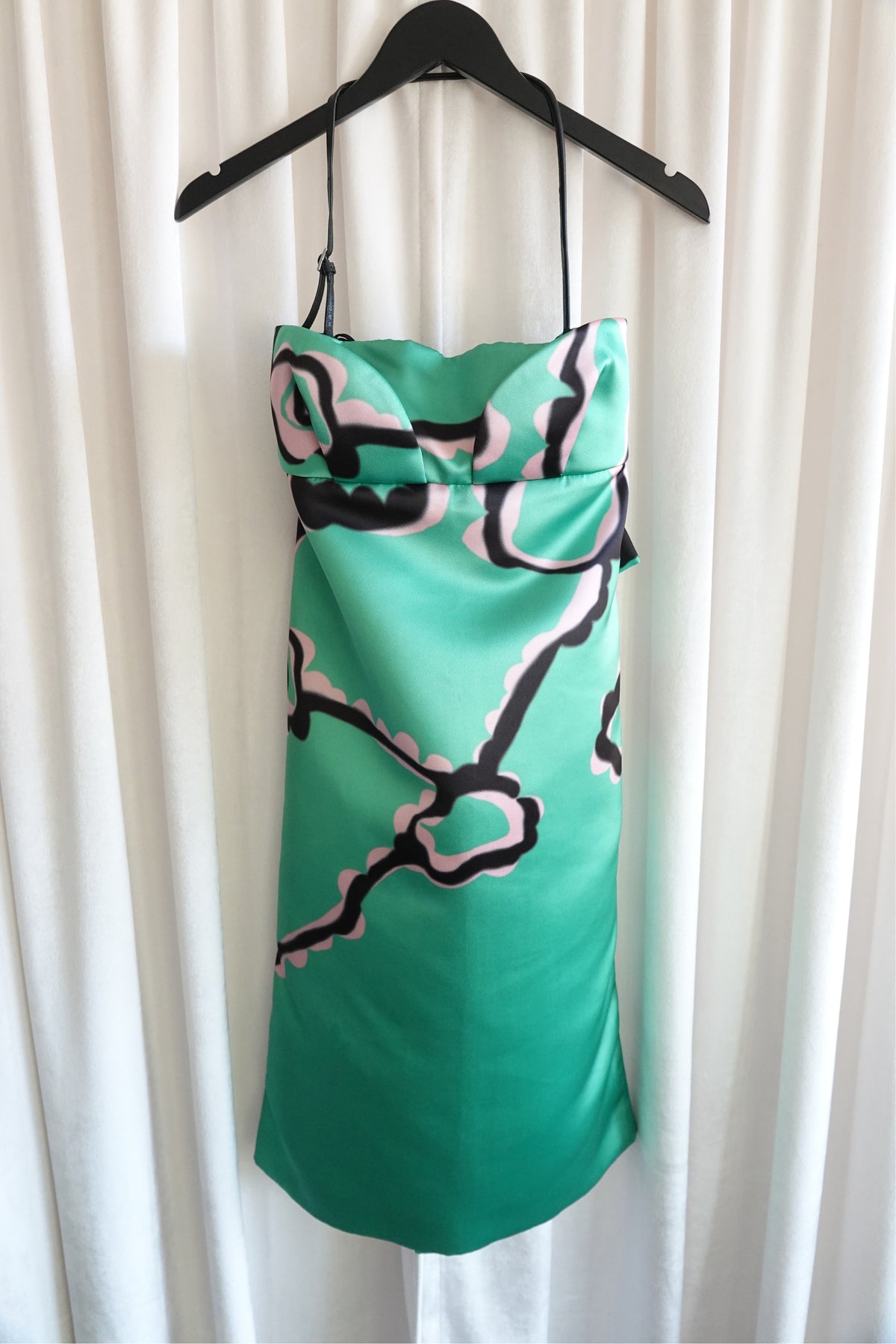 FW17 Runway Heart Blossom Print Green Duchesse Satin Bustier Dress