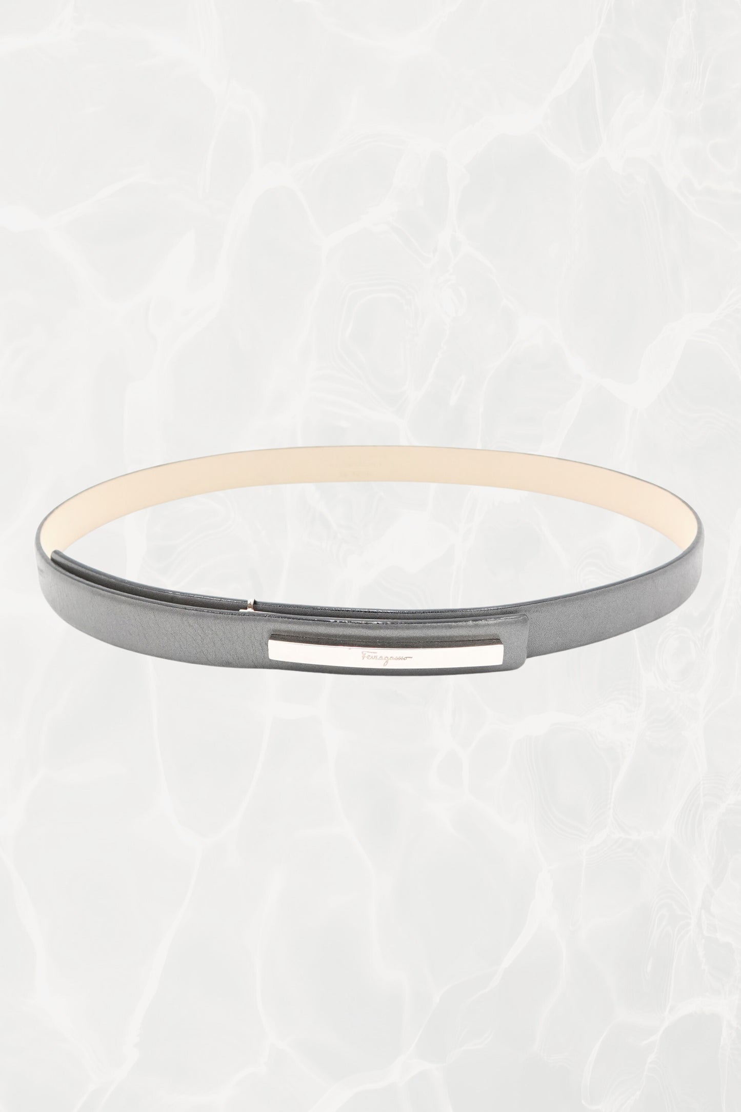 Pewter Leather Thin Belt with Silver Logo Plate
