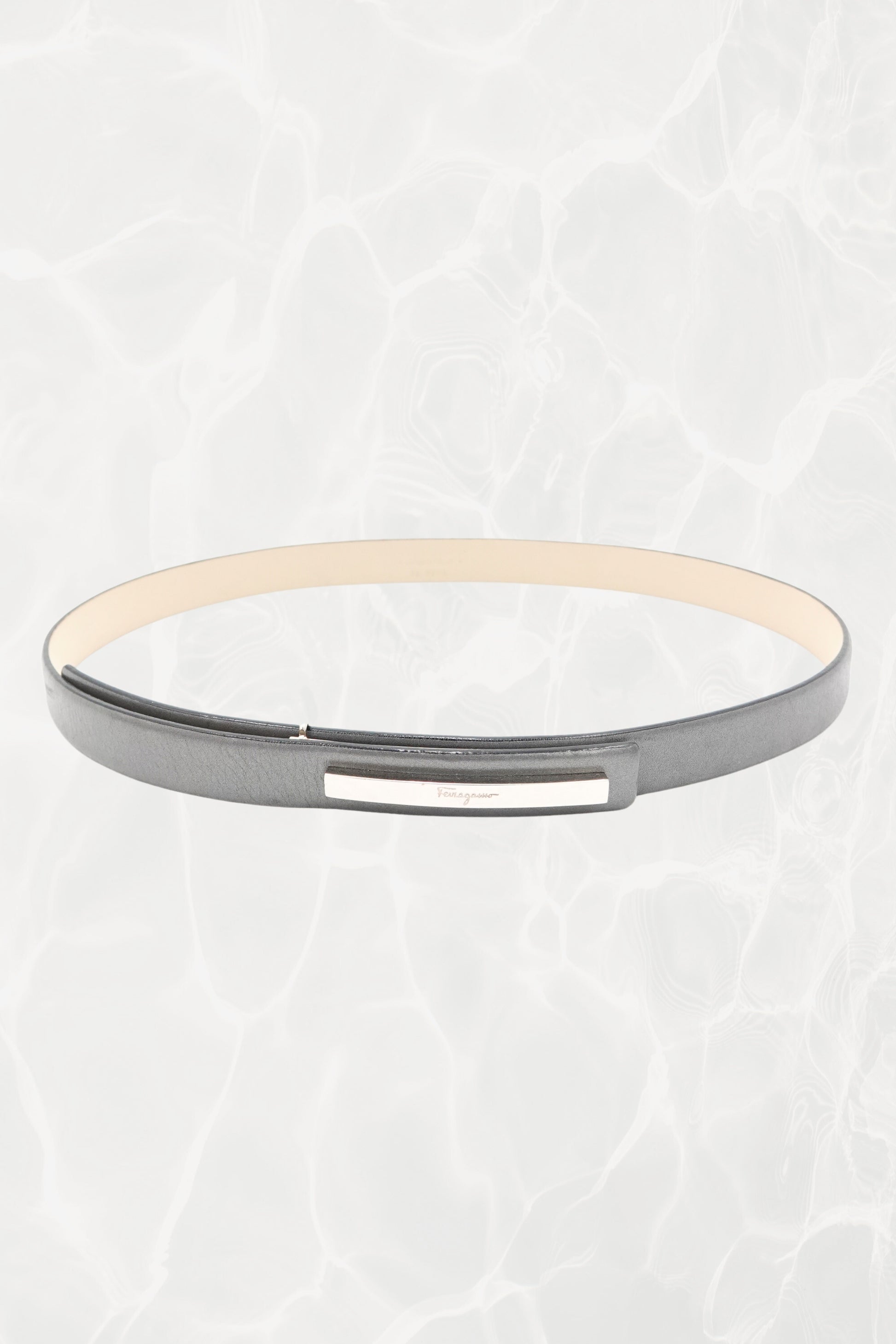 Pewter Leather Thin Belt with Silver Logo Plate