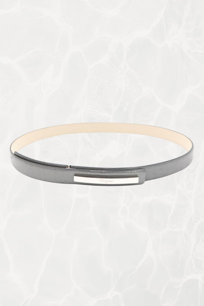 Pewter Leather Thin Belt with Silver Logo Plate