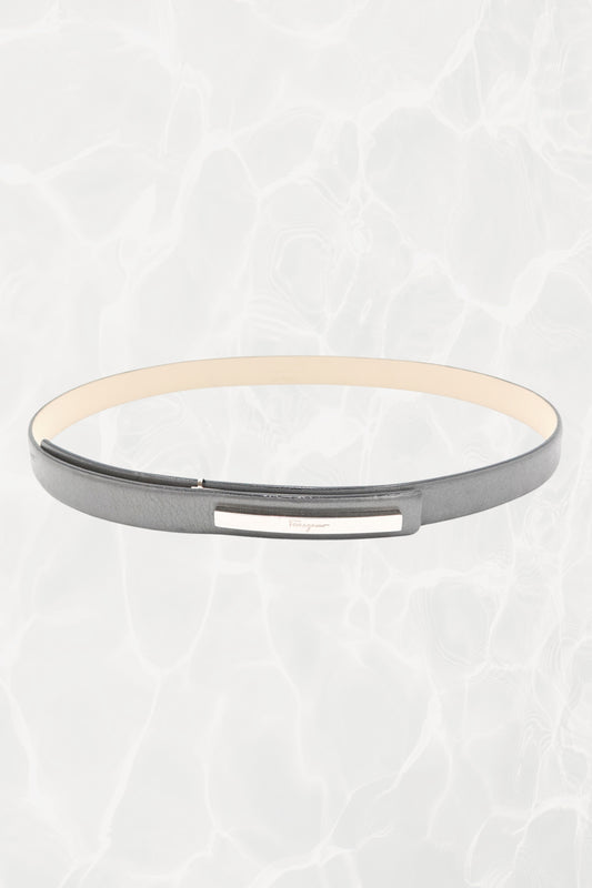 Pewter Leather Thin Belt with Silver Logo Plate