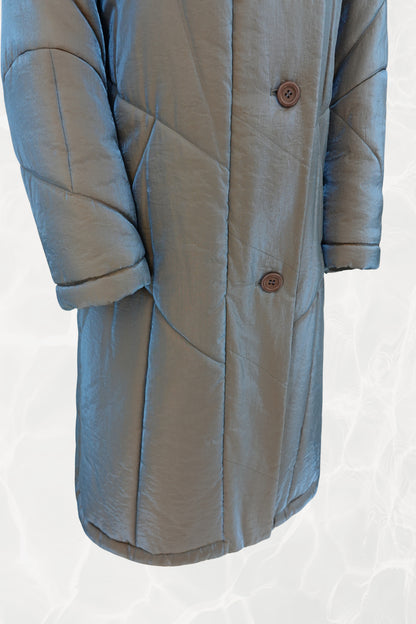 Fall 1993 Runway Iridescent Quilted Cocoon Coat with Hood