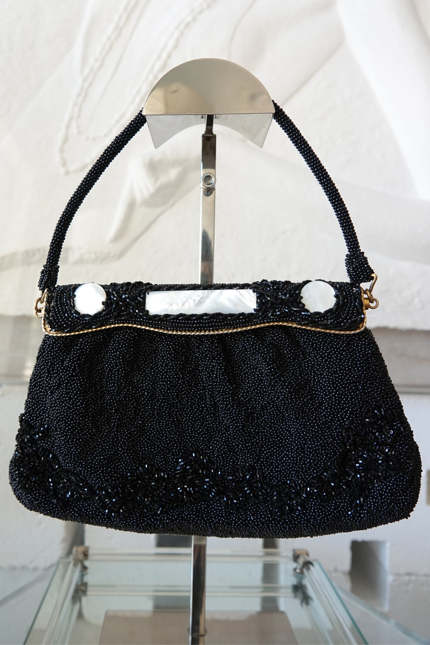 Vintage 1950s Black Seed Bead Evening Bag, Mother-of-Pearl Frame