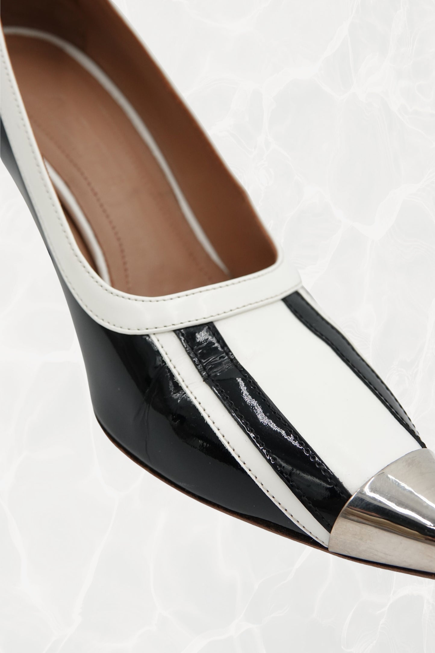 Black and White Stripe Patent Leather Pump, Chrome Block Heel