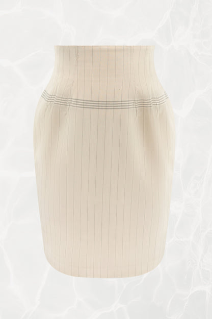 SS88 Pinstripe Tailored Skirt Suit with Lace Eagle Appliqué