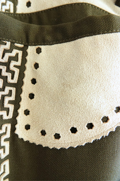 Vintage 1970s Olive Embroidered Flare Trousers with Suede Appliqué