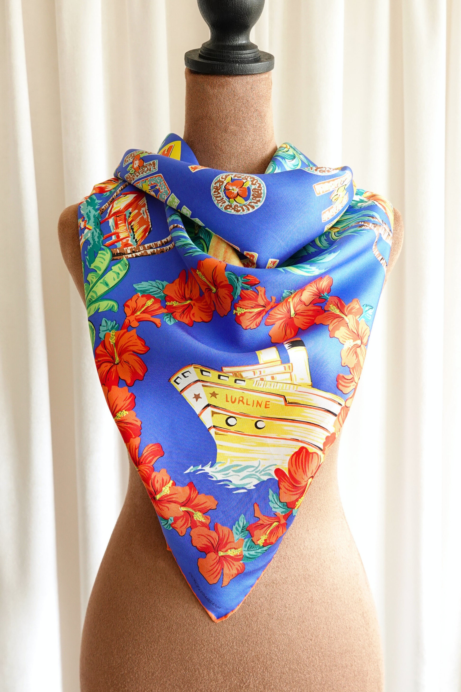“Welcome to Hawaii” Hula Post Card Novelty Print Silk Scarf, Circa 1990s