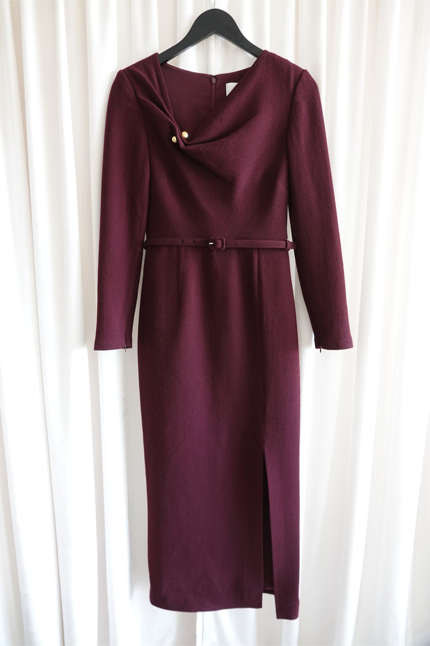 Roland Mouret burgundy pencil dress, self-fabric belt detail — Disco Palma