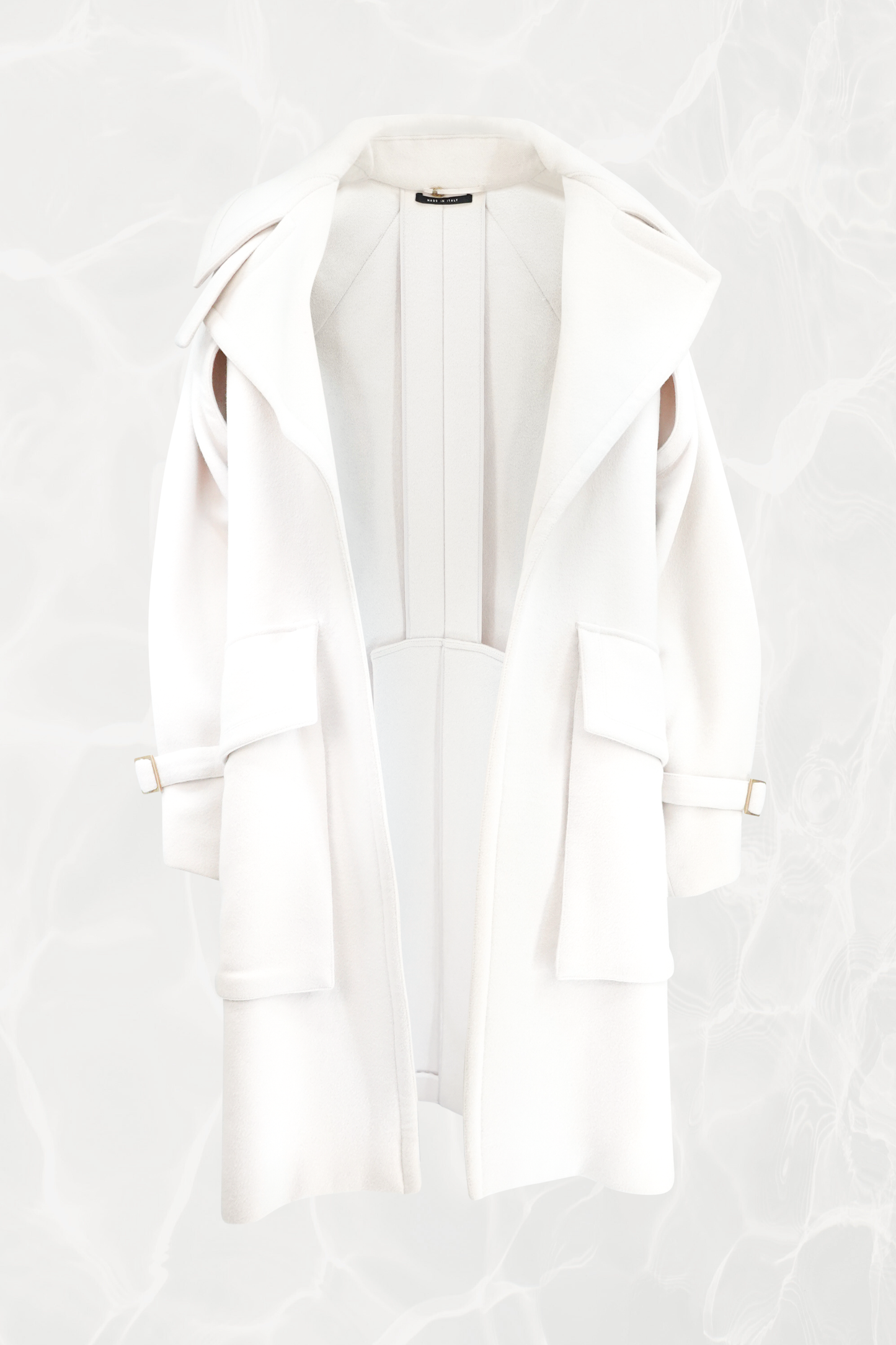 Tom Ford for Gucci AW03 white wool angora corset coat open view: structured collar, architectural cut-out underarms, interior lining and corset belt buckle hardware, Fall Winter 2003
