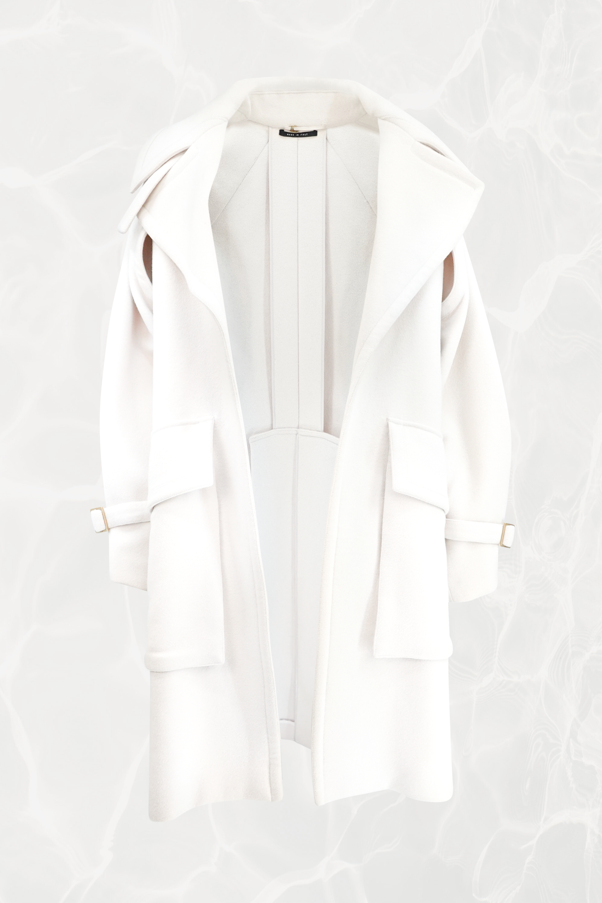 Tom Ford for Gucci AW03 white wool angora corset coat open view: structured collar, architectural cut-out underarms, interior lining and corset belt buckle hardware, Fall Winter 2003
