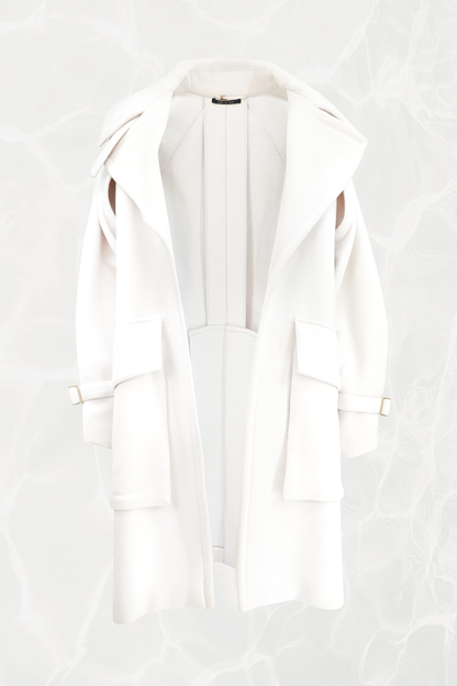 Tom Ford for Gucci AW03 white wool angora corset coat open view: structured collar, architectural cut-out underarms, interior lining and corset belt buckle hardware, Fall Winter 2003