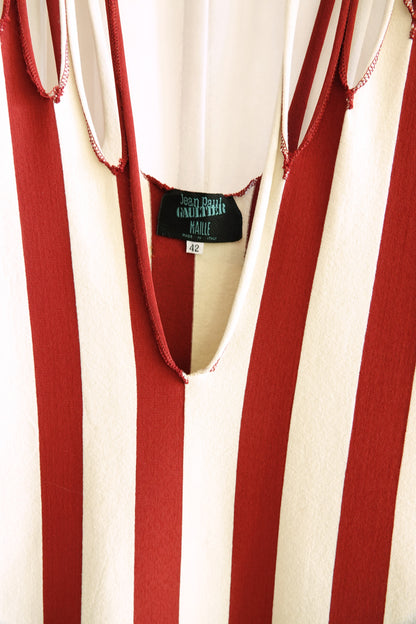 Jean Paul Gaultier Maille 1990s red and cream stripe dress, neckline and label detail — Disco Palma