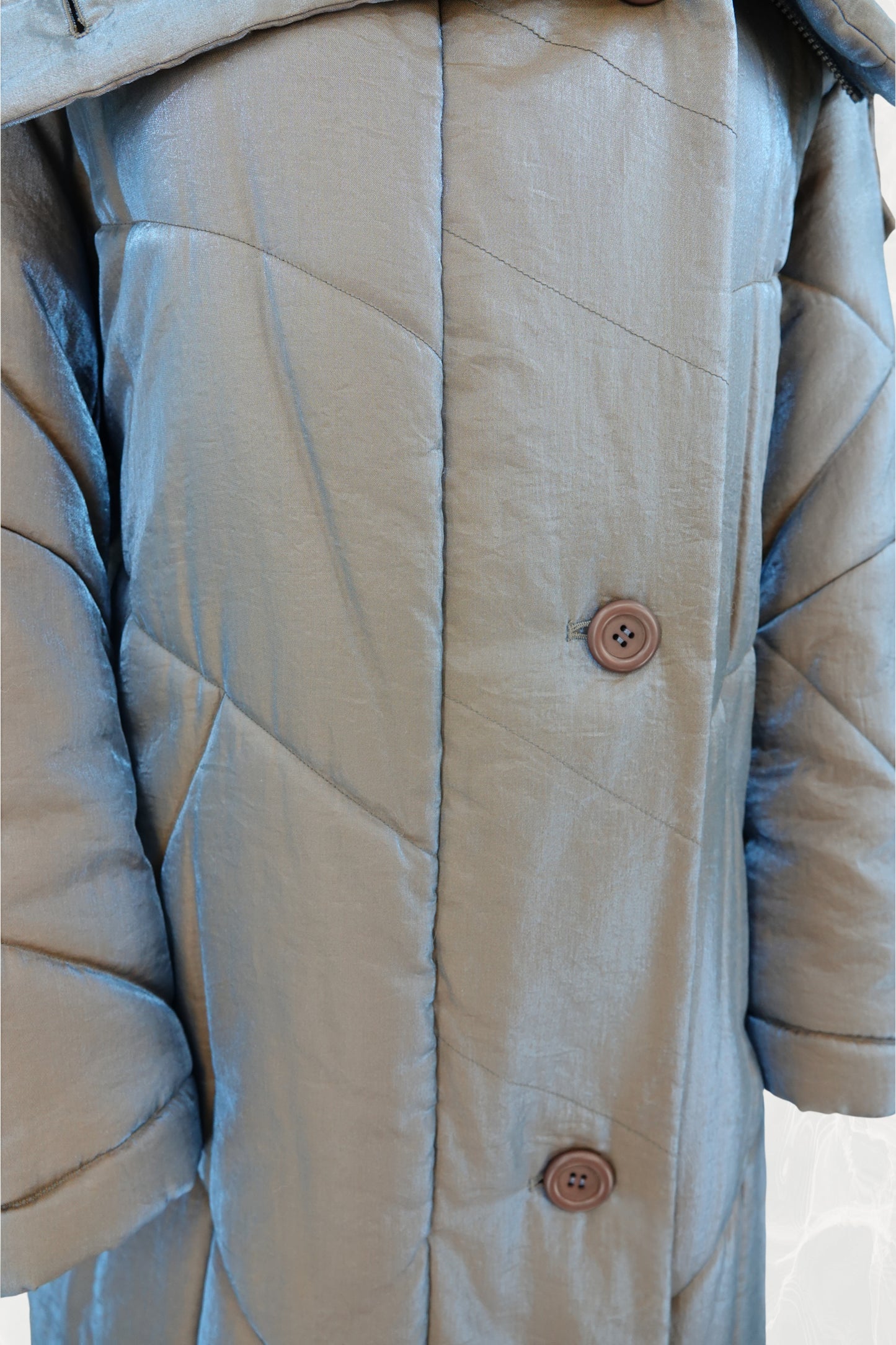 Fall 1993 Runway Iridescent Quilted Cocoon Coat with Hood