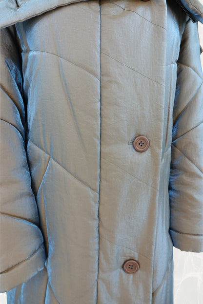 Fall 1993 Runway Iridescent Quilted Cocoon Coat with Hood