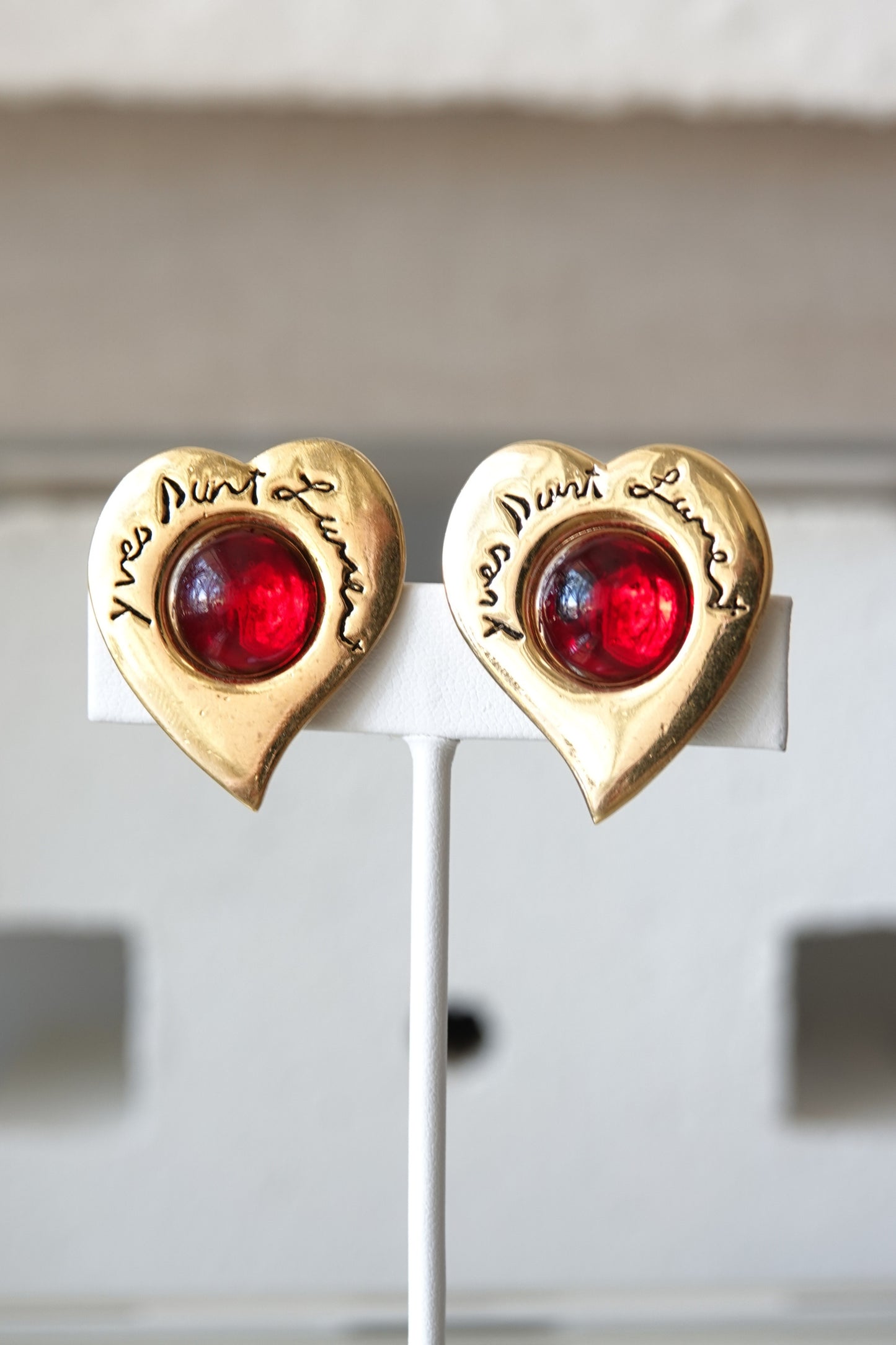 Vintage 1980s Gold-Tone Heart Clip-On Earrings with Red Cabochon