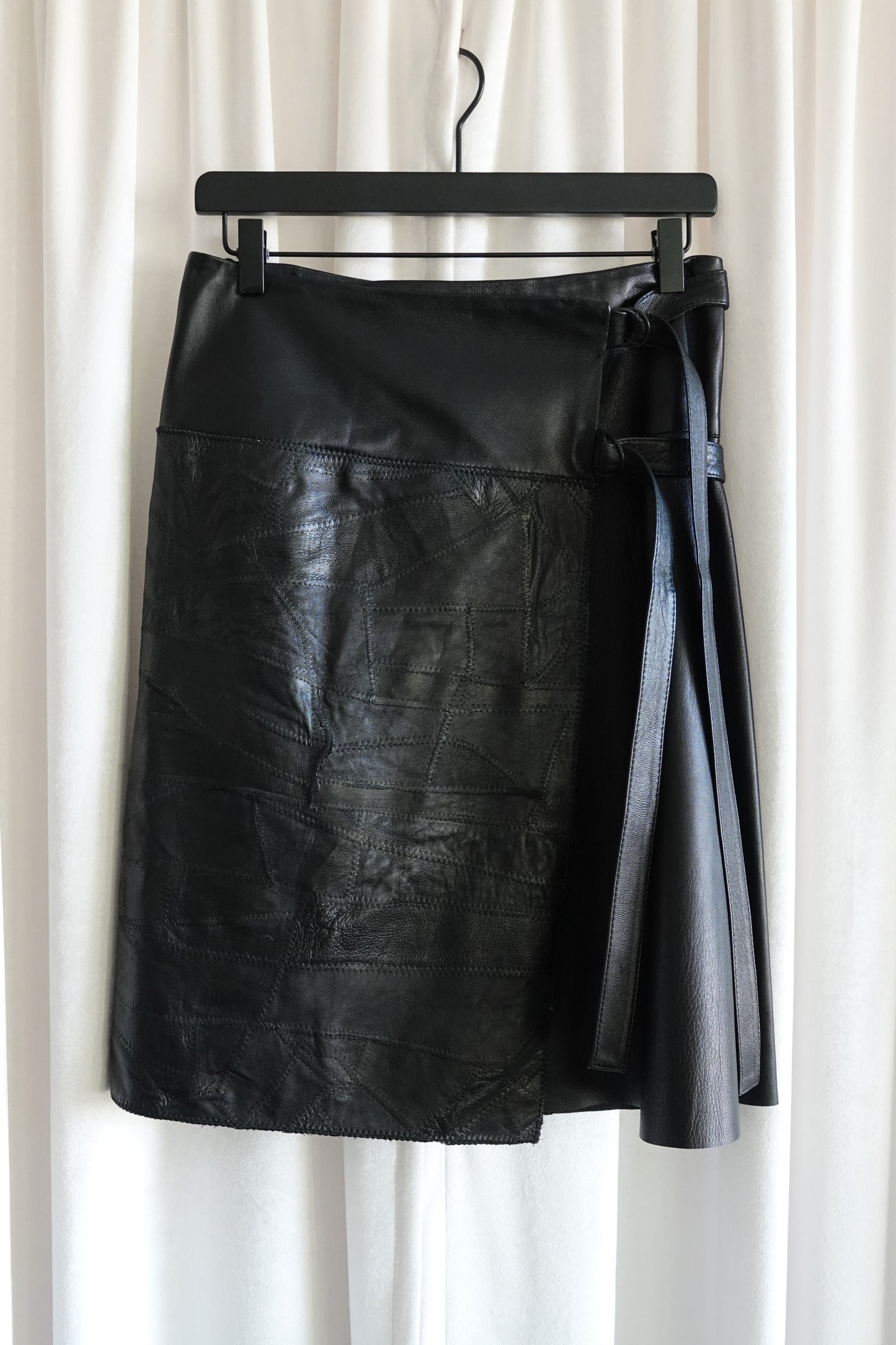 Vintage Early 2000s Black Patchwork Leather Wrap Skirt