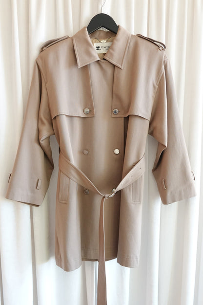 Vintage 1980s–90s Beige Wool Belted Cape Back Short Trench Coat