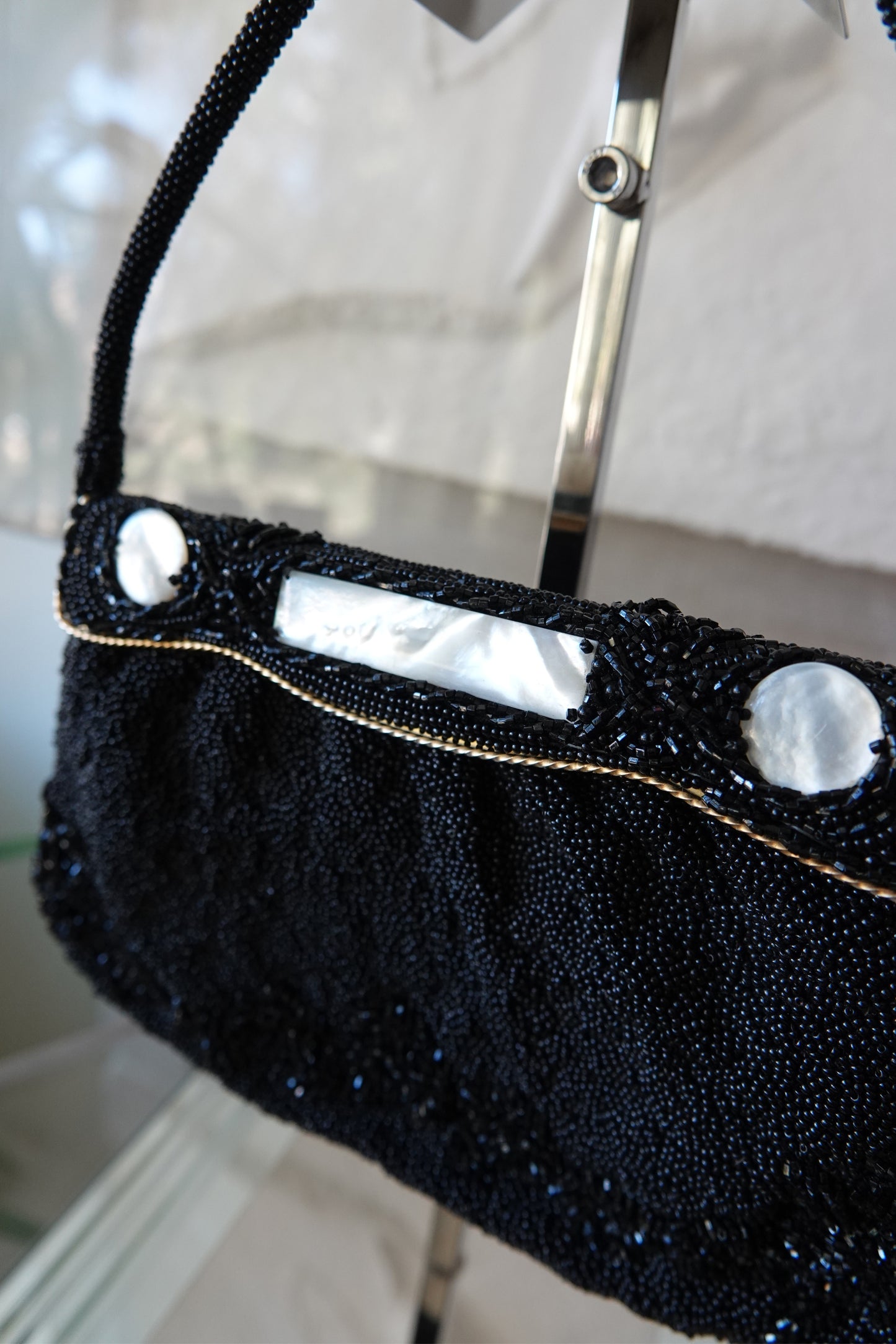 Vintage 1950s Black Seed Bead Evening Bag, Mother-of-Pearl Frame
